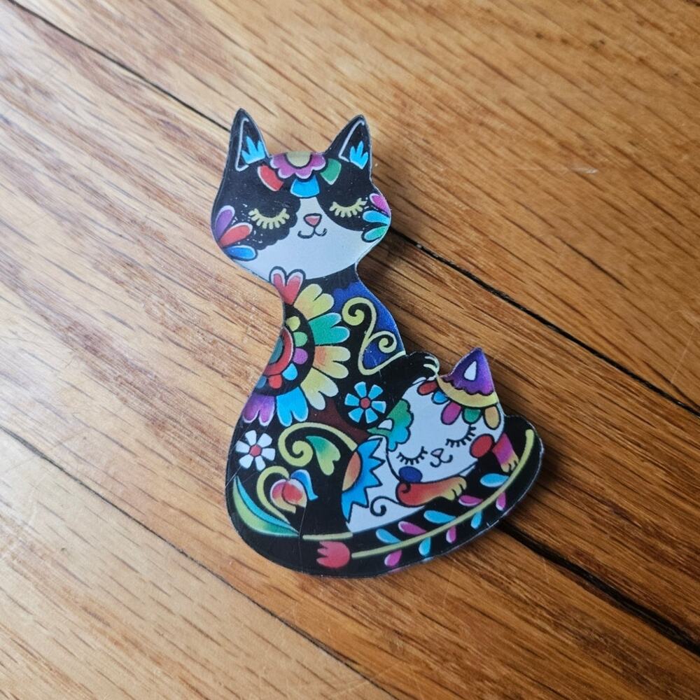 Boutique Handmade Lasercut Acrylic / Plexiglass Sugar Skull Style Cat Brooch